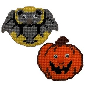 Halloween Vintage Handmade Plastic Canvas Needlepoint Magnets Pumpkin & Bat